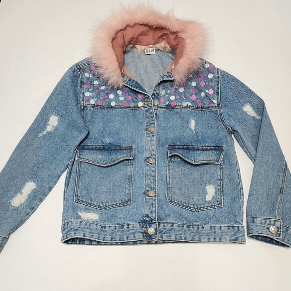 Zara Girls - Size 11/12 Sequin Fur Collar Distressed Jean Jacket - Picture 1 of 5